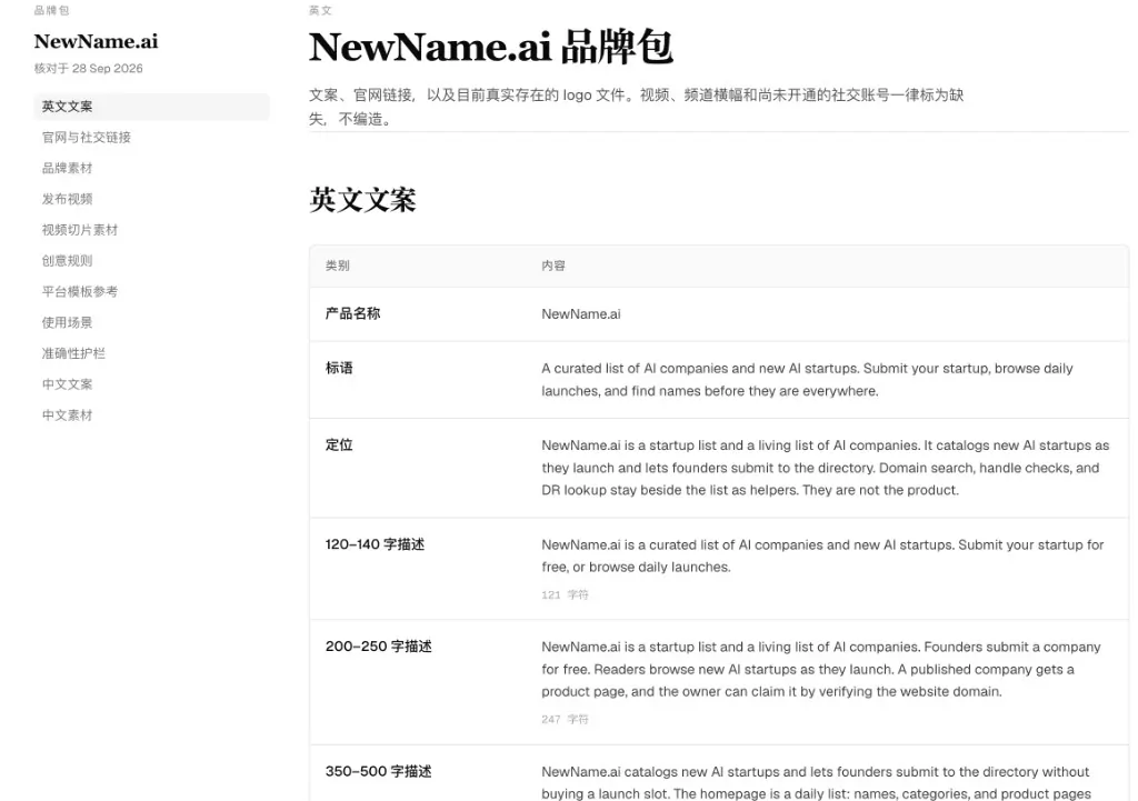 English copy table with product name, tagline, positioning, and character-banded blurbs