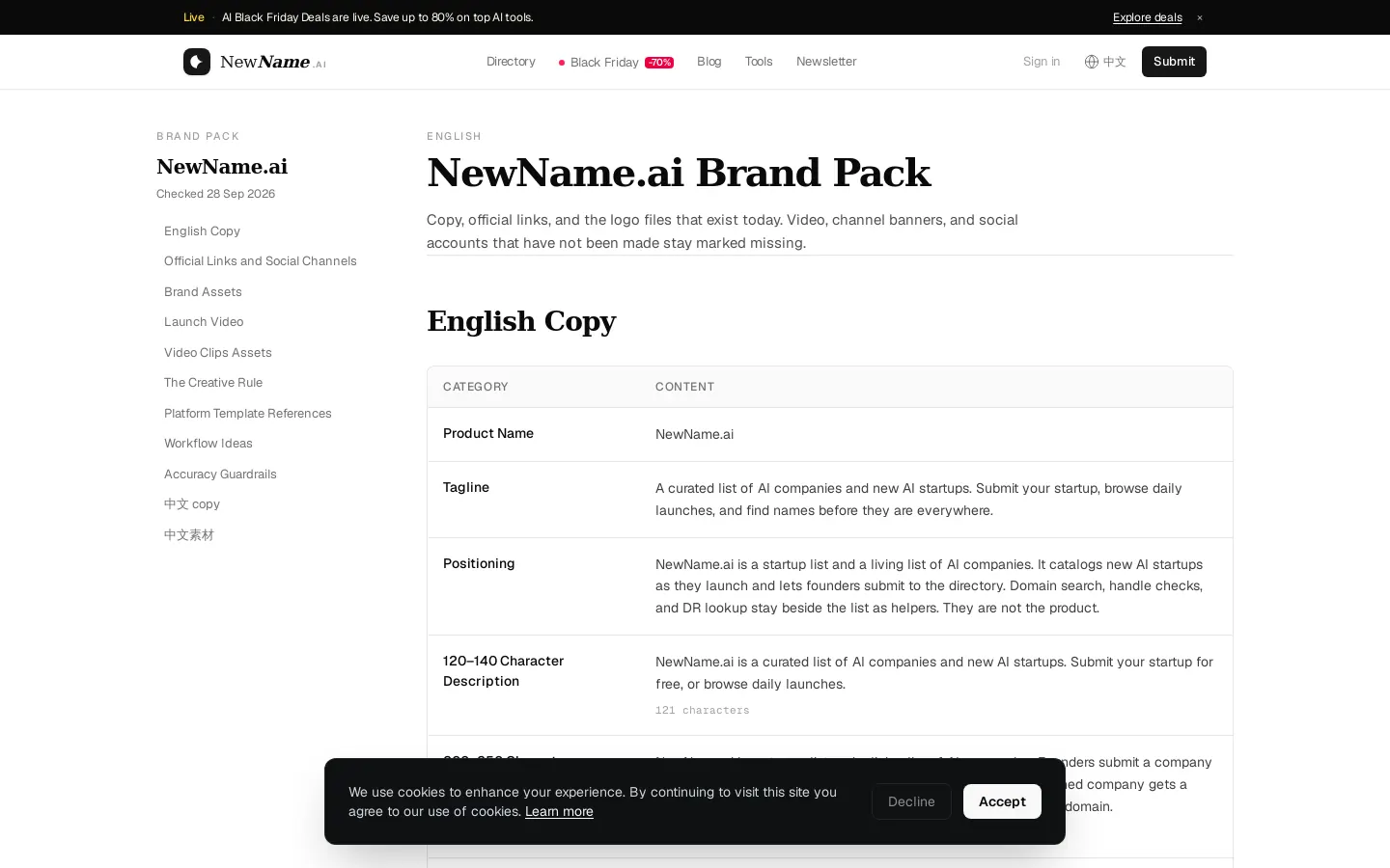 NewName.ai Brand Pack page hero with sidebar navigation and English copy table