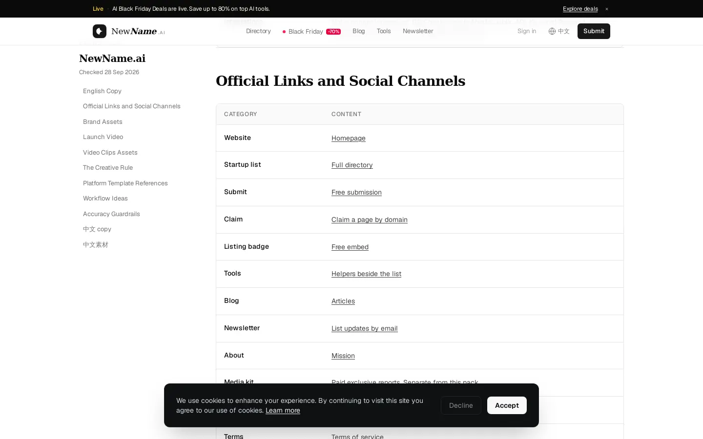 Official links inventory on the Brand Pack page