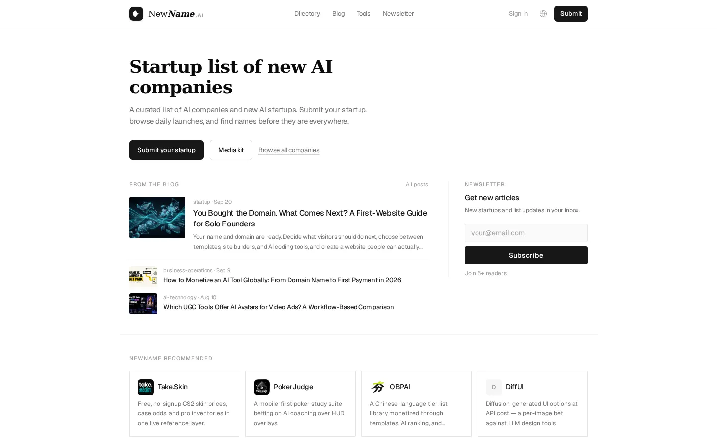 NewName.ai homepage screenshot from the Brand Pack gallery